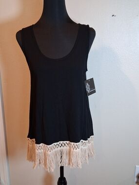 Signature Black Tank Top with Cream Fringe Hem